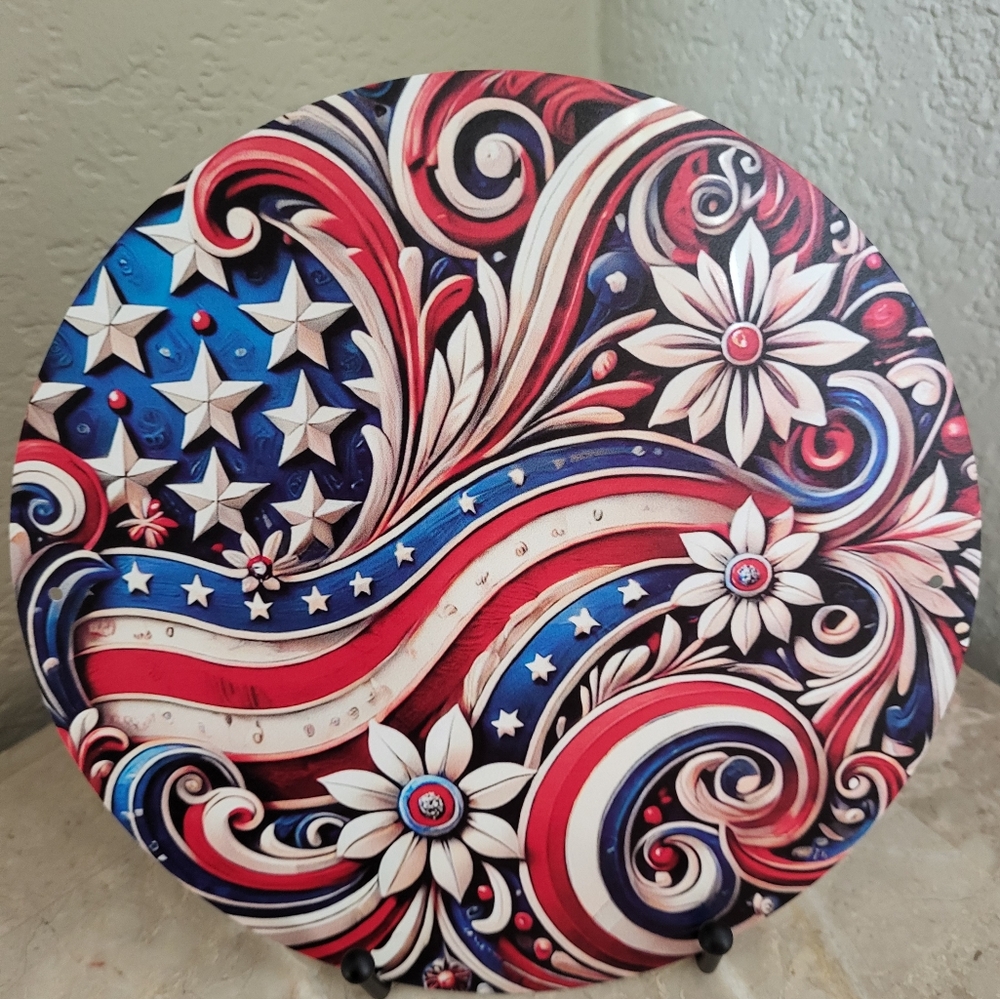 Beautiful Variation of Patriotic Flag with Flowers Aluminum Sign. 8" x 8"